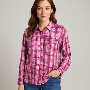 Soft Surroundings Pink Metallic Sheer Blouse Nautical Preppy Lagenlook Modest L